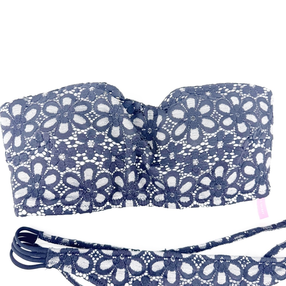 Victoria's Secret BLACK White Floral Lace Bandeau Bikini Set Strappy Midi L M - Picture 3 of 8